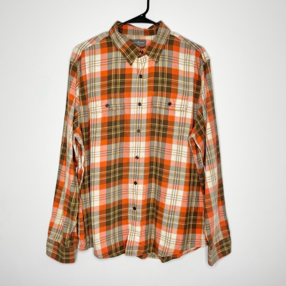 L.L. Bean Mens Cotton Orange Brown Plaid Casual Button Down Shirt Flannel Size L